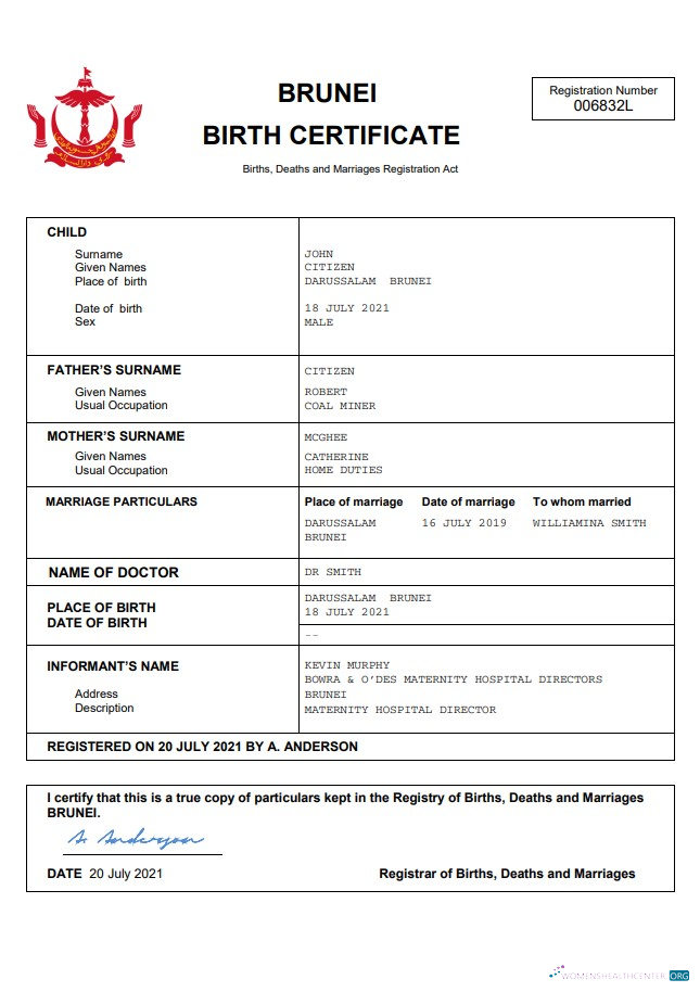 Download Brunei vital record birth certificate Word and PDF template Photoshop template